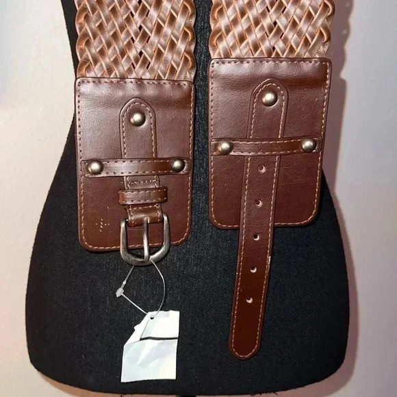 Women’s Wide Brown Braided Vegan Leather Stretch Belt Silver Tone Buckle… - Picture 1 of 13